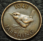 1 фартинг 1941 Великобритания. Птица крапивник. F-XF. На фото образец.