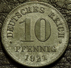 10 пфеннигов 1921 Германия. Монета продается в единственном экземпляре, изображенном на фото.