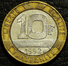 10 франков 1992 Франция. Монета продается в единственном экземпляре, изображенном на фото.