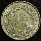1 франк 1994 Швейцария. Монета продается в единственном экземпляре, изображенном на фото.