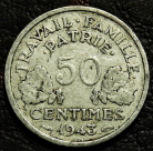 50 сантимов 1943 Франция. Монета продается в единственном экземпляре, изображенном на фото.
