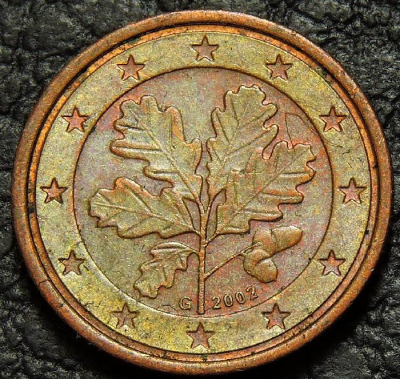 1 евроцент 2002 G Германия. VF-XF. На фото образец.