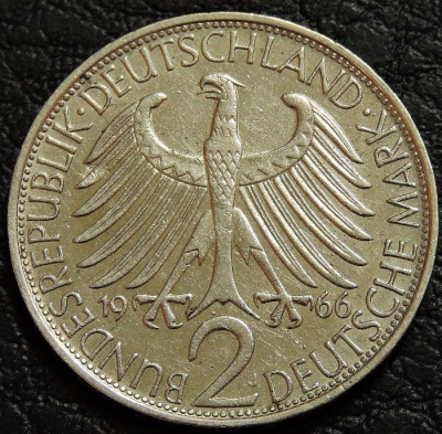 2 марки 1966 J Германия ФРГ. Монета продается в единственном экземпляре, изображенном на фото.