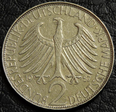 2 марки 1957 J Германия ФРГ. Монета продается в единственном экземпляре, изображенном на фото.