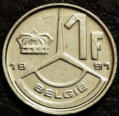 1 франк 1991 Бельгия BELGIË. VF-XF (состояние монет от хорошего до отличного). На фото образец.