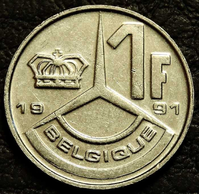 1 франк 1991 Бельгия BELGIQUE. VF-XF (состояние монет от хорошего до отличного). На фото образец.