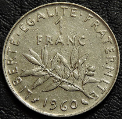 1 франк 1960 Франция. Монета продается в единственном экземпляре, изображенном на фото.