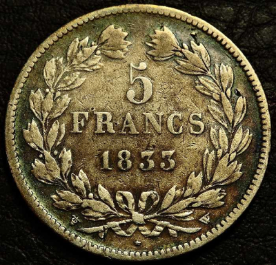 5 франков 1833 W Франция. Серебро 900 пробы. Монета продается в единственном экземпляре, изображенном на фото.