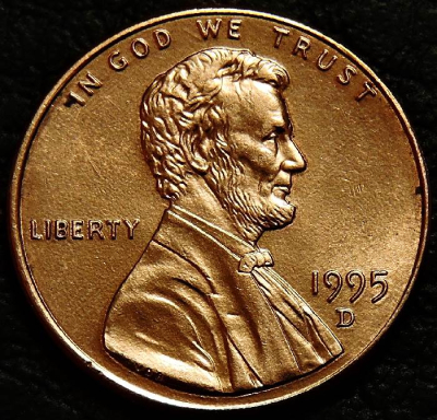 1 цент 1995 D США. VF-XF (состояние монет от хорошего до отличного). На фото образец.