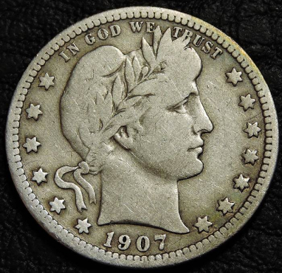 25 центов 1907 D США. Серебро. Монета продается в единственном экземпляре, изображенном на фото.