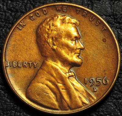 1 цент 1956 D США. VF-XF (состояние монет от хорошего до отличного). На фото образец.